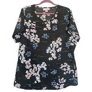 Koi By Kathy Peterson Scrub Top Cherry Blossoms Size 2X  Black Pink V Neck
